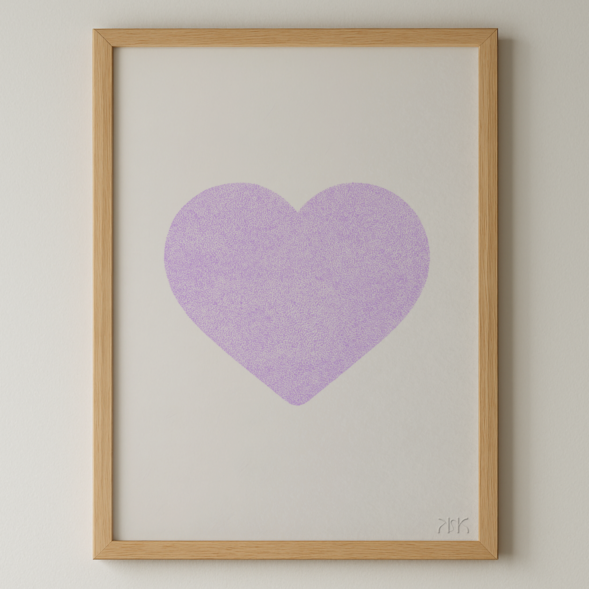 Framed artwork with a purple heart on a light gray background